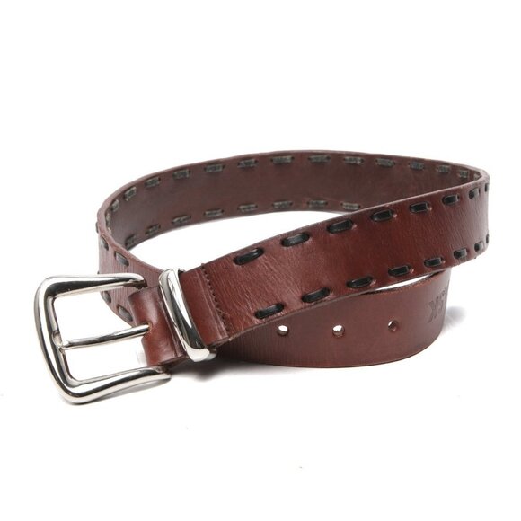 Vintage ASK Leather Belt Single Prong Contrast Trimmed Brown Black Silver Buckle - Picture 2 of 12